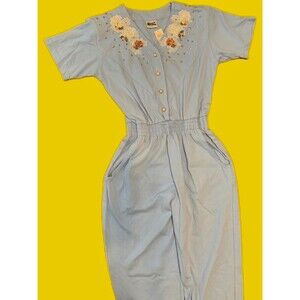 80s Studded Jumpsuit Rhinestone Floral Short Sleeve Blue Cotton S Vintage